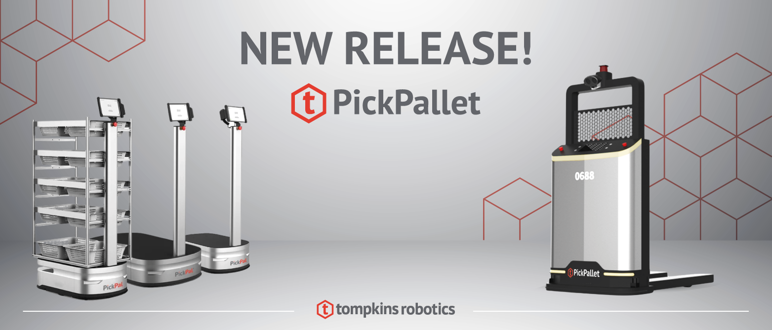 New Release - PickPallet autonomous pallet jacks by Tompkins Robotics, designed for optimized warehouse automation, displayed in a sleek industrial setting